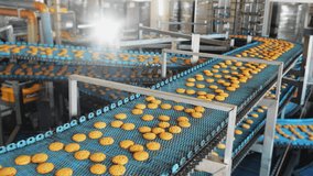 Industrial food factory or bakery, cookies on automated production line or conveyor belt, confectionery plant or bakehouse.  - Powered by Shutterstock - Get 15% off with code: PIKWIZARD15