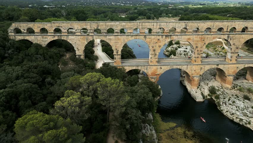 Aerial view of the Pont du Gard ancient Roman aqueduct bridge, a major landmark of France