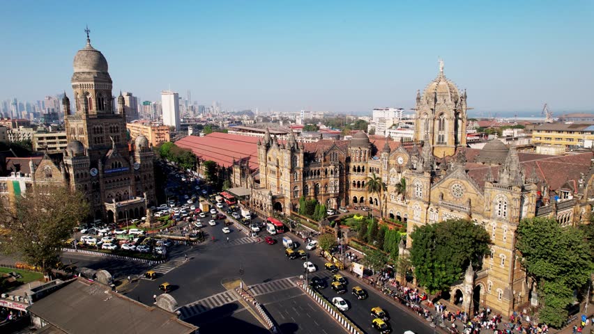 Victoria terminus train station in Mumbai, India, Aerial View. Chhatrapati Shivaji Maharaj Terminus railway station, UNESCO World Heritage Site.