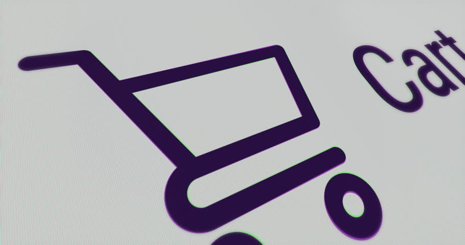 Shopping cart with increasing number of goods on screen grid background, icon of online shopping trolley on web page, animation, sales footage