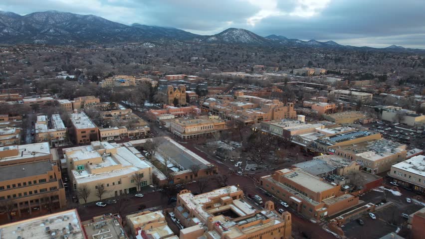 Downtown Santa Fe, New Mexico USA on Winter Day, Aerial View of Buildings and Streets