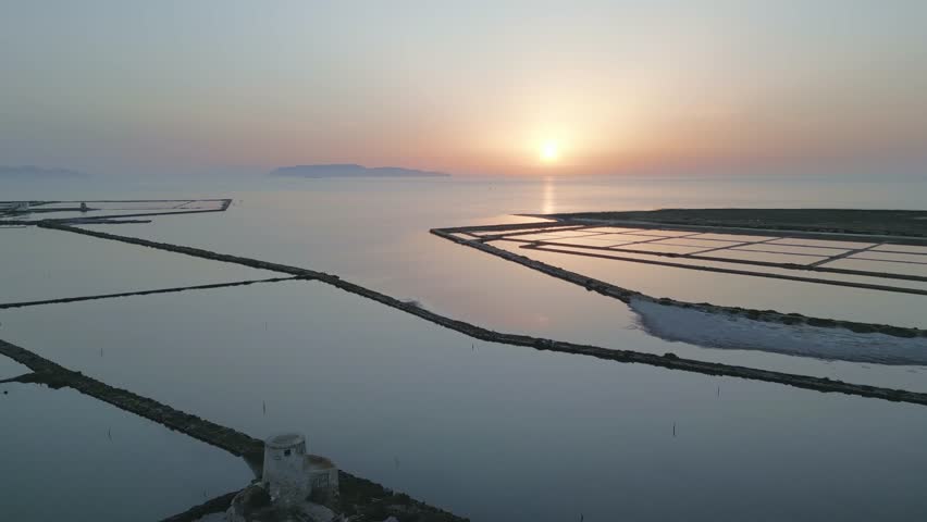 Aerial sunset Trapani Salt pond sicily Mediterranean Sea seascape 