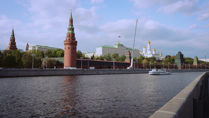 Red Square View with Ships Sail Along the Moscow River in Summer