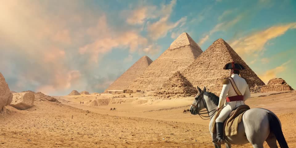 Napoleon Bonaparte on his Horse in front of a pyramid in the desert of Egypt 