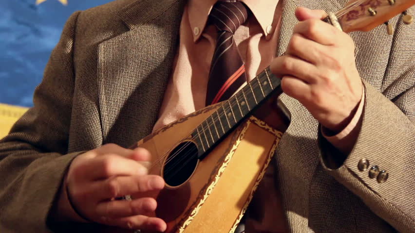 Artist playing mandolin, close up