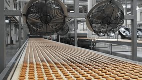 Industrial food factory or bakery, cookies on automated production line or conveyor belt, confectionery plant or bakehouse. Two large fans cool the cookies on the conveyor belt. - Powered by Shutterstock - Get 15% off with code: PIKWIZARD15