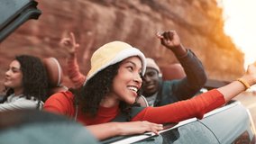 Friends, freedom or car for road trip, dancing or travel on holiday adventure or group vacation. Happy, diversity and people in vehicle together on journey, destination or tourism as gen z in Spain - Powered by Shutterstock - Get 15% off with code: PIKWIZARD15