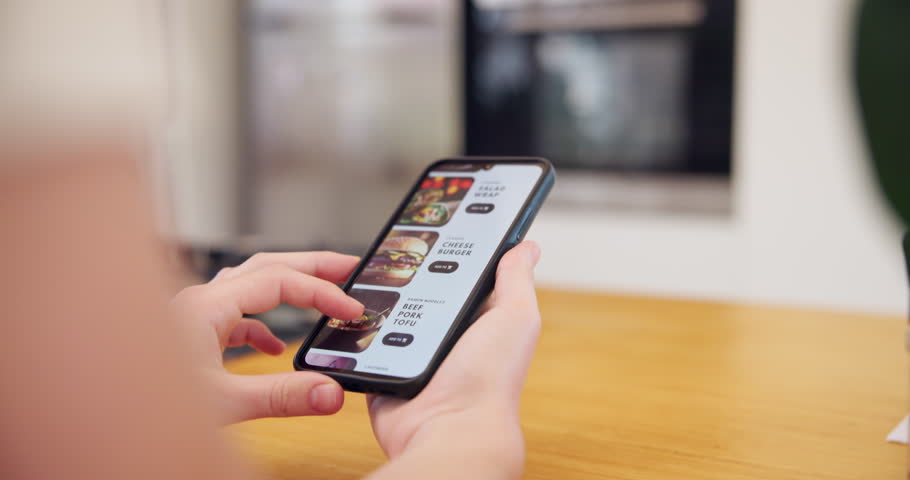 Smartphone, food delivery and hand scroll take out menu in home or e commerce, choice and dinner selection. Mobile screen, meal order app and person or customer search online, or catalog and decision