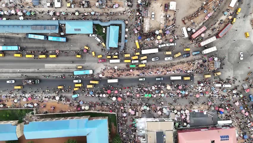 Aerial video of a busy bus station in Lagos,Nigeria.