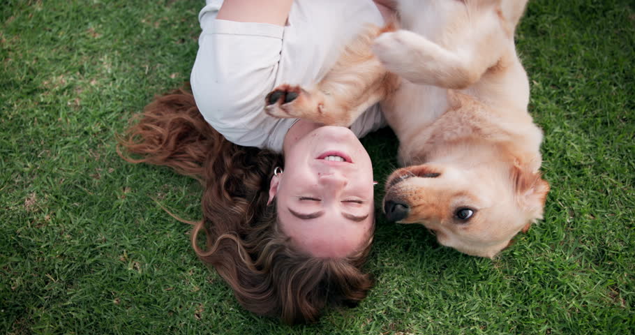 Happy woman, dog and play on grass to relax, care or friends bonding together in top view outdoor. Animal, girl or pet owner with golden retriever at park on lawn for love, smile or tickle game above