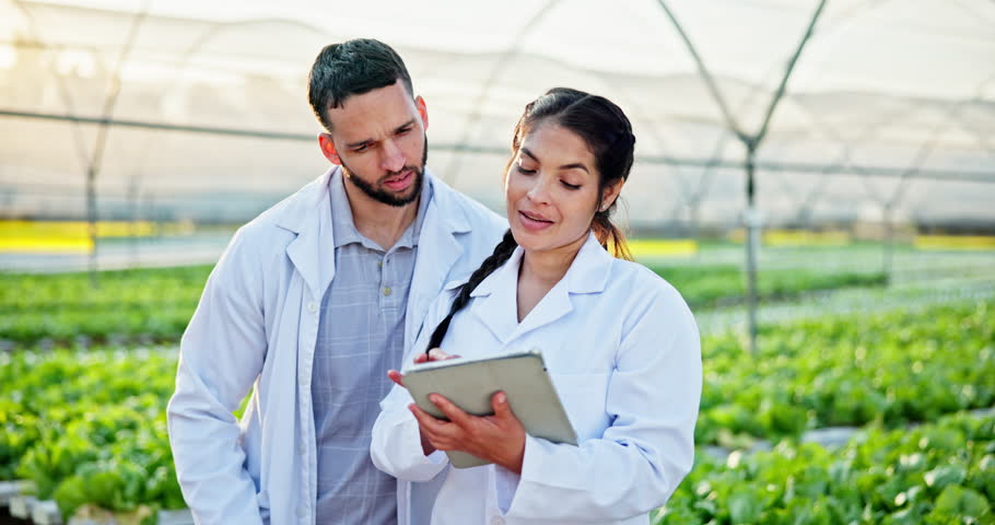 Scientist, agriculture and tablet for botany in greenhouse for experiment, research or development. Woman, man and tech in field for discovery of plants for innovation in pharmaceuticals or medicine