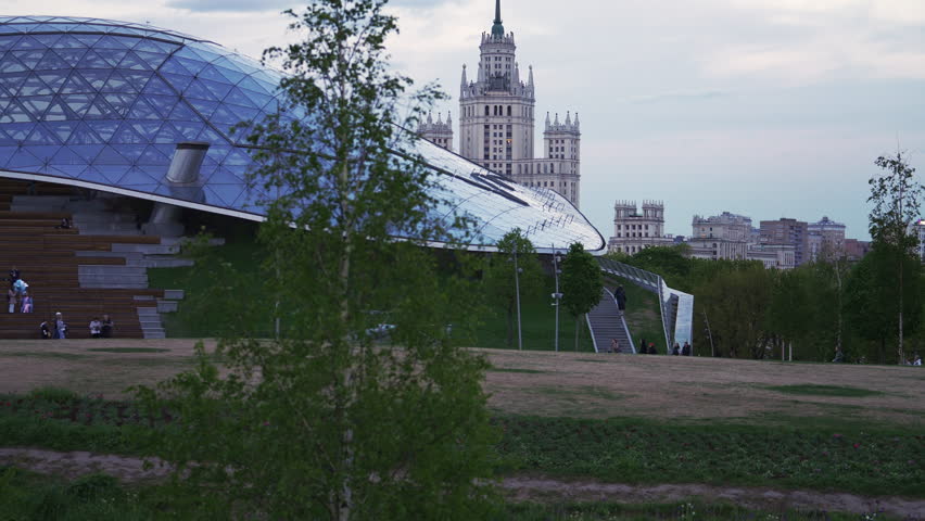 People Walking and Enjoying the View at Zaryadye Park in Moscow During Summer Evening