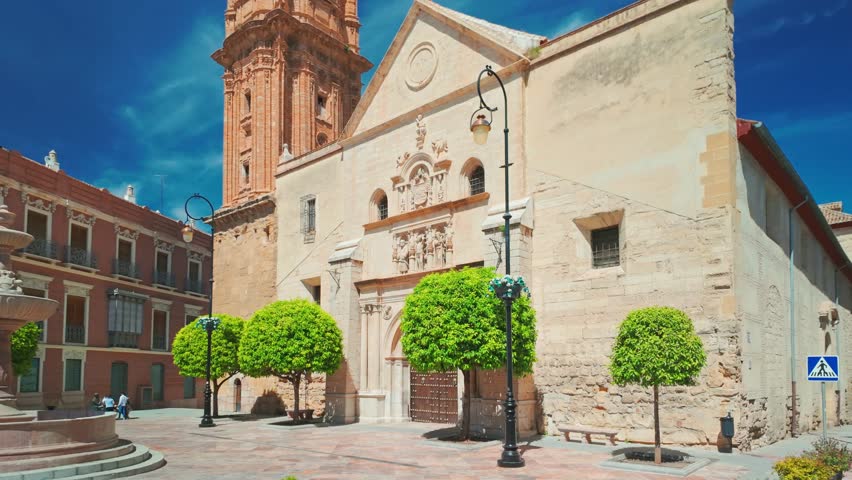 Parroquia San Sebastian church on the plaza de San Sebastian square in historic center of Antequera city in Andalusia, Spain. Slow motion revealing steadicam footage