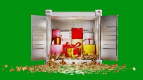 Gift box and splash gold coins in open metal container for advertisement promotion goods on green screen background 3D rendering - Powered by Shutterstock - Get 15% off with code: PIKWIZARD15