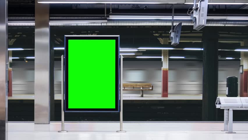 Mock up concept. Green screen billboard on the the train station against the background of the sky. 4k video animation