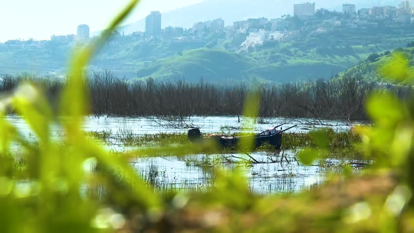 A tranquil morning scene of a calm lake shore with a fisherman