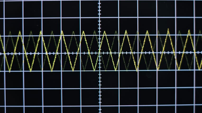Close-up of an oscilloscope displaying a yellow triangle waveform against a grid. The signal fluctuates, showcasing the dynamic nature of electricity. - Powered by Shutterstock - Get 15% off with code: PIKWIZARD15