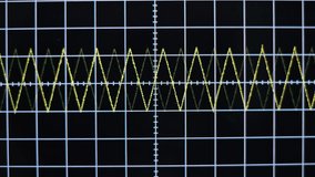 Close-up of an oscilloscope displaying a yellow triangle waveform against a grid. The signal fluctuates, showcasing the dynamic nature of electricity. - Powered by Shutterstock - Get 15% off with code: PIKWIZARD15