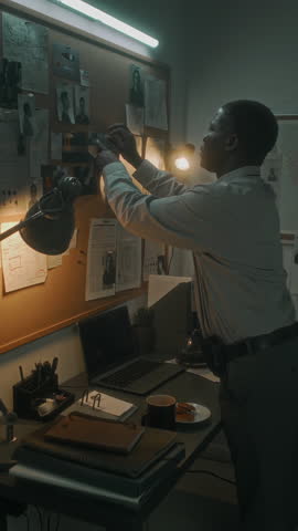 Medium full vertical shot of African American male police detective pinning maps, crime scene and suspect photos to wall board, while opening new investigation into gang or mafia murders