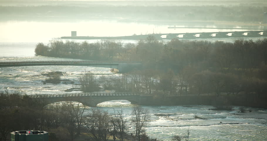 This is a video of panning down the niagara river to the american falls. Shot from Canada February 8th 2024