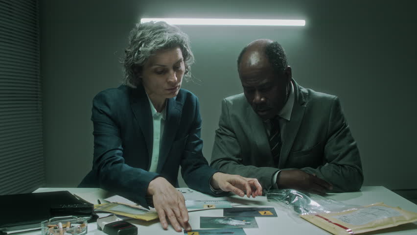 Medium shot of mature African American male, Caucasian female police detectives sitting at table in prison, reviewing crime scene evidence, discussing interrogation tactics while waiting for prisoner