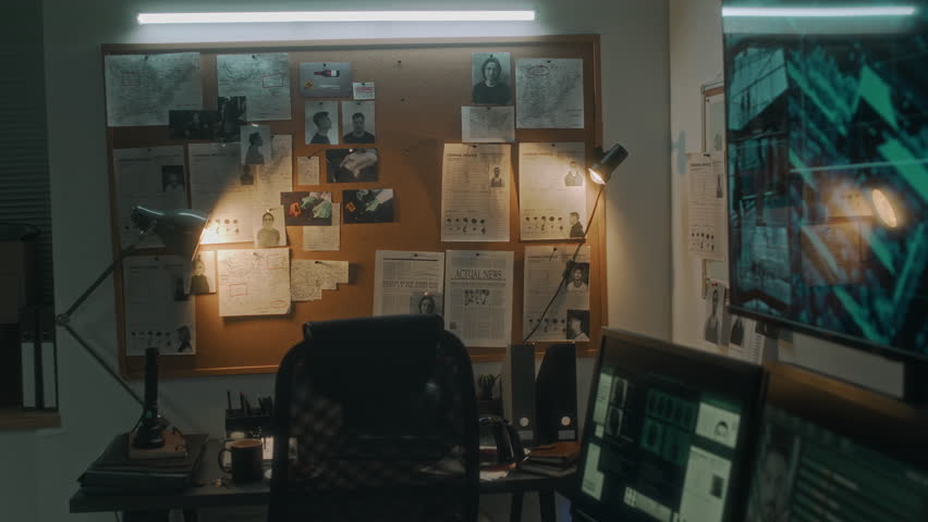 Zoom-in no people shot of pin board on wall at federal intelligence or law enforcement agency, with photos of suspects, APBs, maps, newspaper articles, crime scene photos, desk, chair