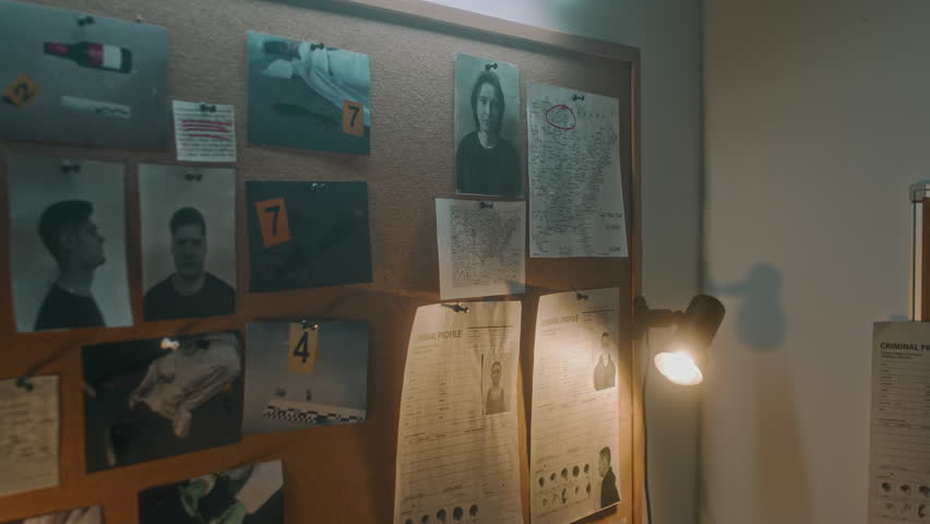 Close-up tilt down shot of pin board on wall in detectives office of police department, with photos of male, female crime suspects, murder scene images, maps, schemes, illuminated by lamps