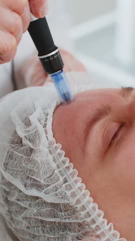 Peeling, woman health care, skin regeneration, dermapen microneedling, dermastamp. Beautician cosmetologist doing forehead face procedure fractional microneedle mesotherapy clinic facial rejuvenation