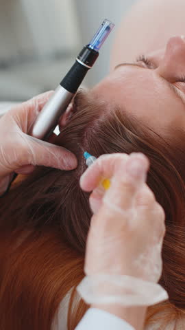 Alopecia. Woman hair loss treatment regeneration. Trichologist cosmetologist doctor applies vitamin serum injections from a syringe on head scalp dermapen fractional microneedle clinic mesotherapy