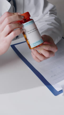Vertical close-up shot of hands of anonymous female doctor sitting at desk, recommending prescription medicine to male patient, who is taking off glasses and examining label on jar