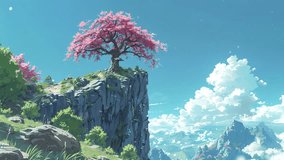 An anime-style tree stands atop a rocky outcrop with clouds in the backdrop - Powered by Shutterstock - Get 15% off with code: PIKWIZARD15