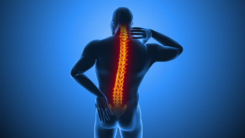 Highlighted spine of man having a painful back