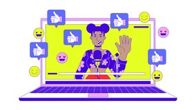 Viral videoblogger line 2D animation. African american female podcaster waving hello on laptop 4K video motion graphic. Vblog popularity linear animated cartoon flat concept, white background - Powered by Shutterstock - Get 15% off with code: PIKWIZARD15