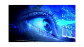 Technology Futuristic Data Stream in Cyberspace Eye Close-up. Modern Science Vision on Innovation. Beautiful Look Holographic Macro AR Simulator in Sight Projection. Online Ai Smart Connect Learning - Powered by Shutterstock - Get 15% off with code: PIKWIZARD15