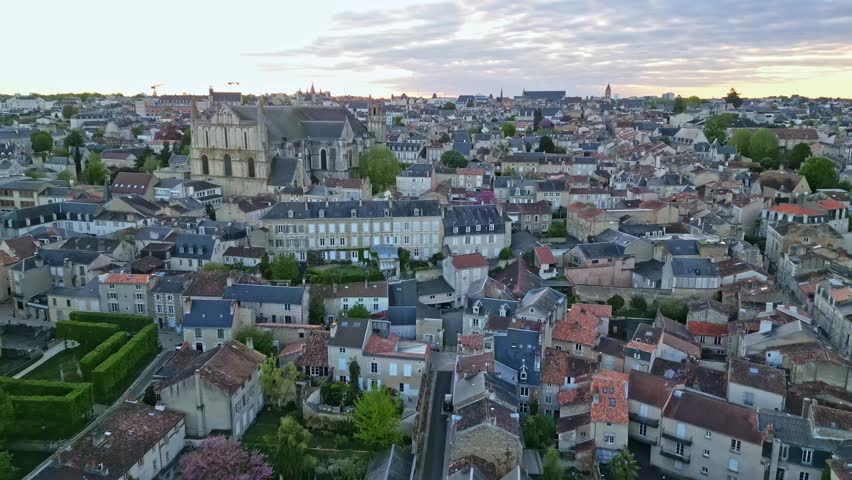 Poitiers cityscape with Cathedral of Saint Peter or Pierre, France. Aerial drone forward