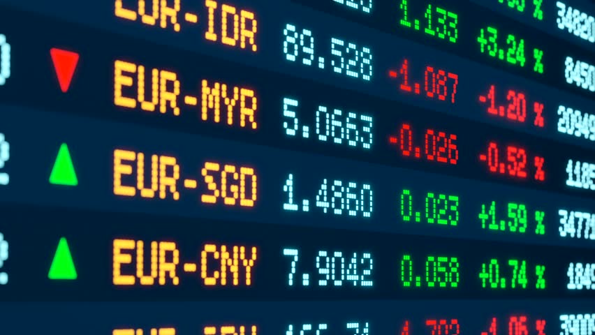 Close-up currency exchange rates. Stock market information, US dollar, Euro, British pound, Japanese yen and other currencies exchange rates on the screen. 