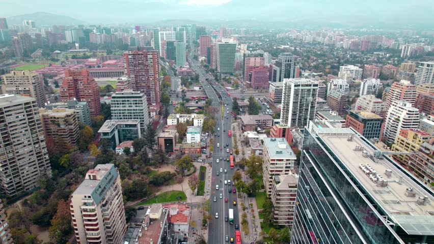 AERIAL: Apoquindo Avenue, leading to the Escuela Militar Subway station, in Las Condes, Chile