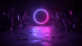Synthwave, crossing a dark and wet road with a purple neon circle in the center of a sci-fi corridor. Landscape neon light cyberspace. Metaverse. Retro 80s style, skyline template. Loop - Powered by Shutterstock - Get 15% off with code: PIKWIZARD15