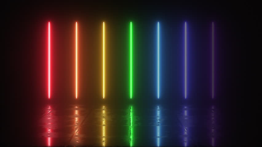 Bright cycled rainbow neon background. Neon glowing laser lines reflected on the floor. Futuristic studio concept with bright colorful laser animation. Neon lines light up and out. Rainbow background.