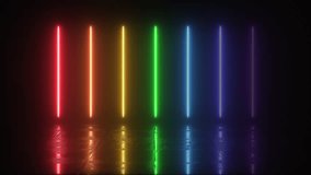 Bright cycled rainbow neon background. Neon glowing laser lines reflected on the floor. Futuristic studio concept with bright colorful laser animation. Neon lines light up and out. Rainbow background. - Powered by Shutterstock - Get 15% off with code: PIKWIZARD15