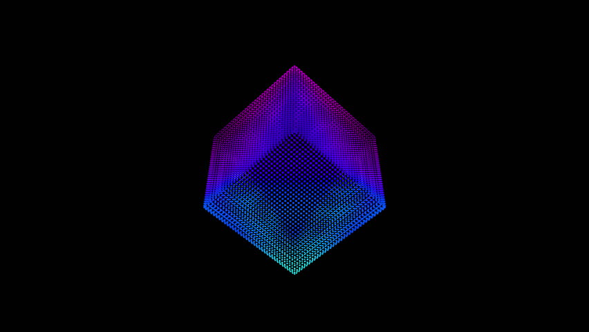 Looped distortion waves on abstract cube of particles. Digital data splash of box point array. Futuristic glitch UI element