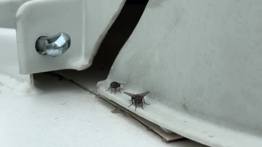 Close-up of a housefly on a white textured surface.