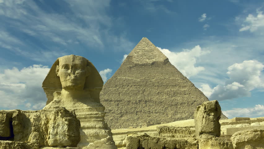 Clouds over great pyramid and sphinx in Egypt, timelapse 4k