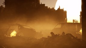 a dystopian destroyed ruined city on sunset, with debris, two damaged cars, smoke and fire, 3D animation, animated scene, camera zoom in slowly. - Powered by Shutterstock - Get 15% off with code: PIKWIZARD15