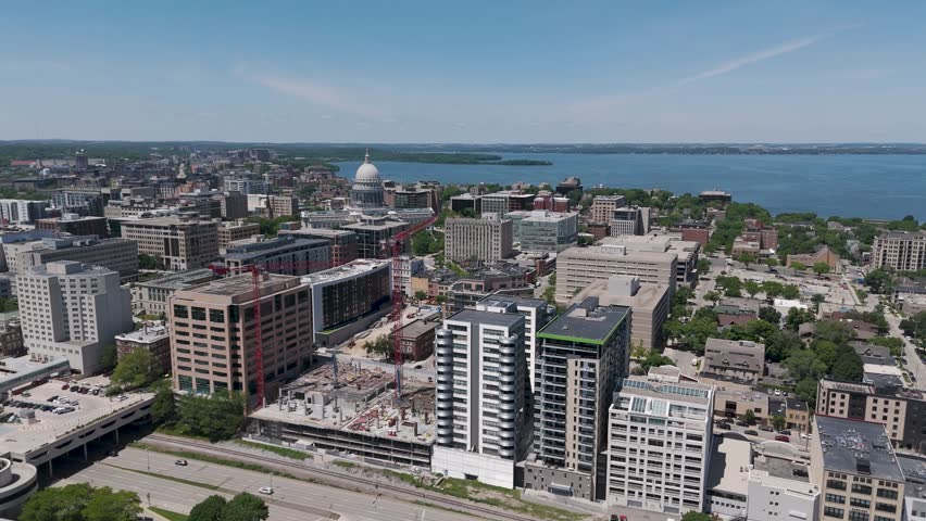 Downtown Madison, Wisconsin isthmus between Lake Monona and Lake Mendota on a sunny summer day with Capitol Building