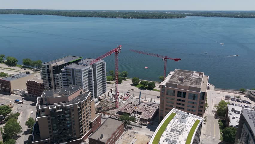 Construction Site with Cranes in Downtown Madison, Wisconsin, Lake Monona