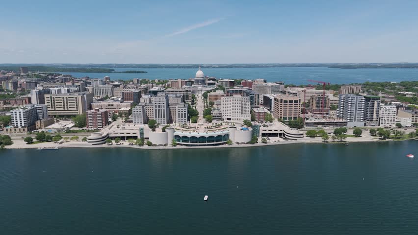 Downtown Madison, Wisconsin isthmus between Lake Monona and Lake Mendota with Capitol Building