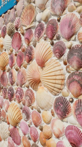 artistic background wall built with shells from the beach in a tourist fishing village in northern Spain, vertical shot