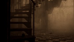 a dystopian destroyed ruined interior, with debris and rats on the floor and staircase, 3D animation, animated scene, camera dolly right other view - Powered by Shutterstock - Get 15% off with code: PIKWIZARD15