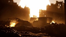 a dystopian destroyed ruined city on sunset, with debris, two damaged cars, smoke and fire, 3D animation, animated scene, camera dolly up slowly. - Powered by Shutterstock - Get 15% off with code: PIKWIZARD15